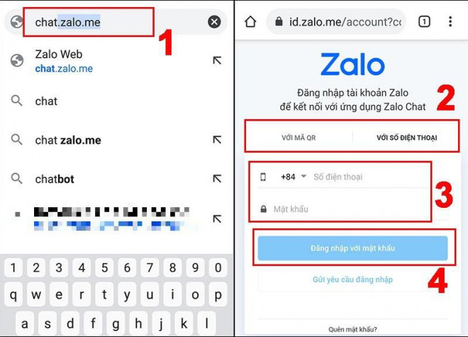 Bước 2: Bạn gõ “chat.zalo.me" và vào Zalo Web &gt; Bạn có thể tuỳ ý vào Zalo với số điện thoại hoặc mã QR (ví dụ tại đây mình chọn với số điện thoại) &gt; Nhập số điện thoại và mật khẩu &gt; Chọn Đăng nhập với mật khẩu.