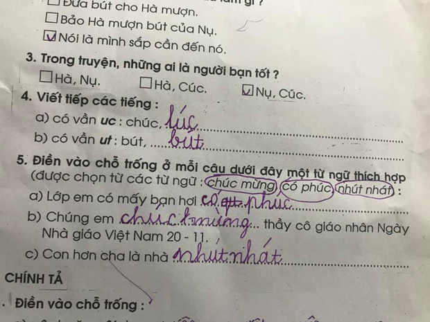 Bài tập điền từ vào chỗ trống của học sinh cấp 1 khiến dân mạng bật cười.