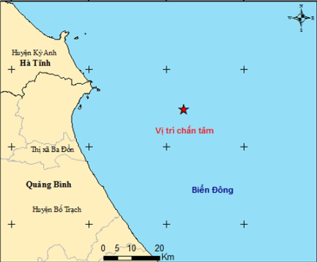 Động đất xảy ra trên Biển Đông, gần khu vực bờ biển tỉnh Quảng Bình. Ảnh Viện Vật lý địa cầu.