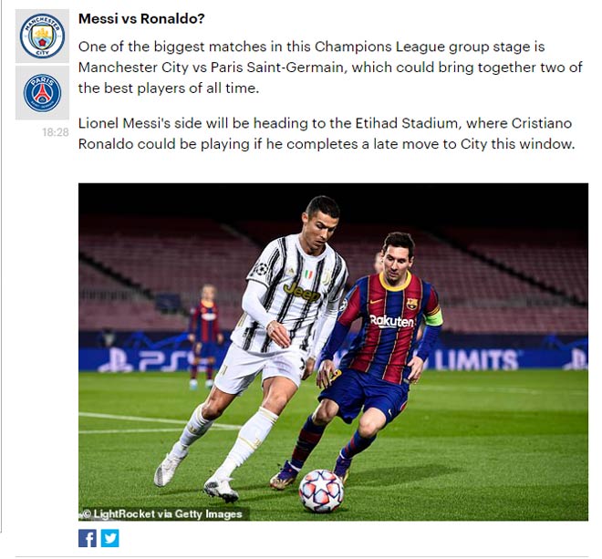 Tờ Daily Mail kỳ vọng Man City mua Ronaldo để kịp đấu Messi và PSG ở Champions League năm nay