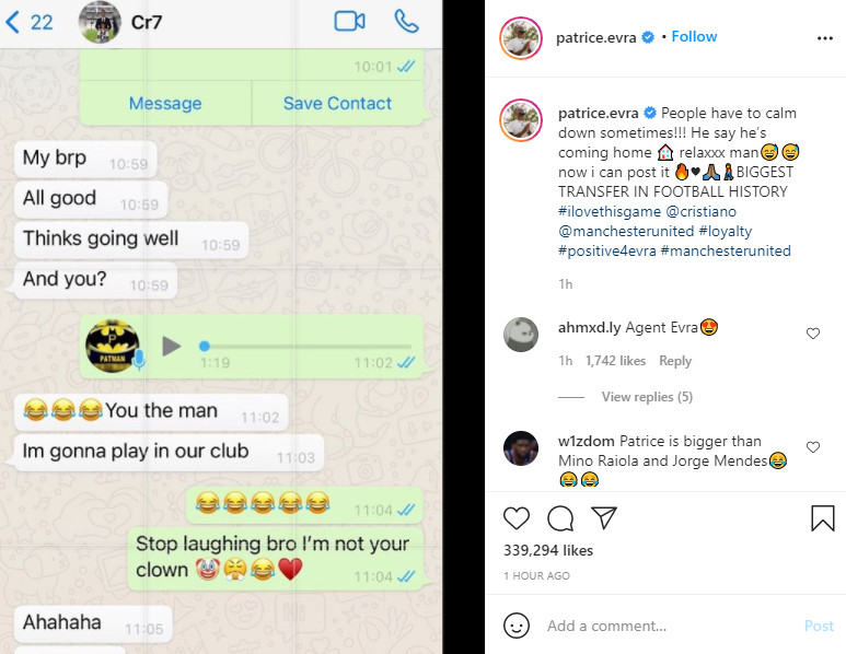 Đoạn chat với Ronaldo được Evra đăng trên Instagram