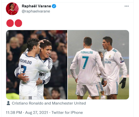 Trung vệ tân binh Varane đăng lại những tấm hình thời còn làm đồng đội với CR7 ở Real Madrid, Giờ họ gặp lại nhau ở MU