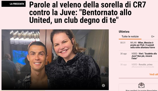 Tờ&nbsp;Gazzetta dello Sport của Ý phẫn nộ với lời chúc mừng của chị gái Ronaldo dành cho cậu em