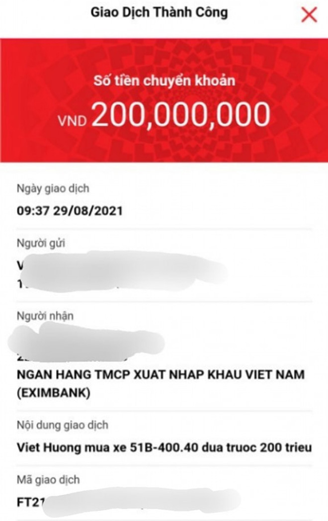 Việt Hương công khai sao kê chuyển khoản số tiền 200 triệu đồng ứng trước để mua xe cứu hộ