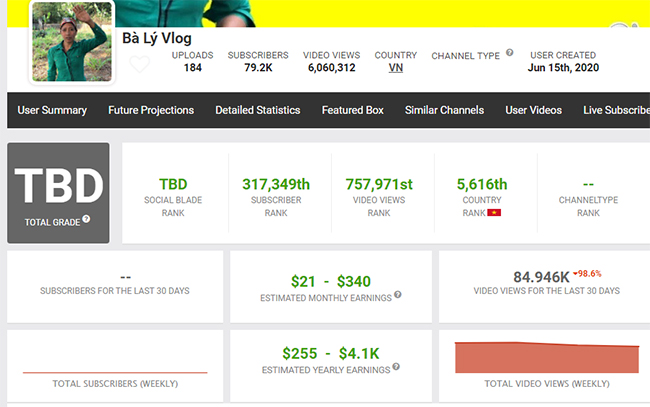 Thu nhập của Bà Lý theo thống kê trên Social Blade