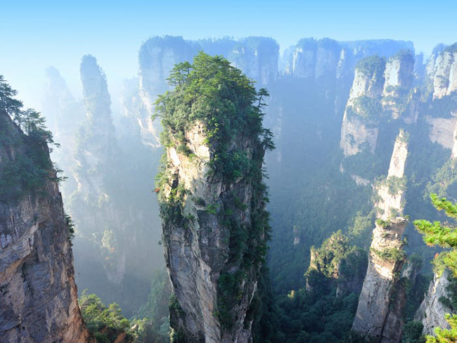Núi Thiên Tử ở Trung Quốc được tạo thành từ những ngọn tháp đá bị xói mòn với đỉnh đá sa thạch 300 triệu năm tuổi. Các mỏm đá tích tụ đất cát, khiến cho rừng cây phát triển xung quanh và thậm chí trên đỉnh của các ngọn núi tạo nên cảnh tượng vô cùng đặc biệt.

