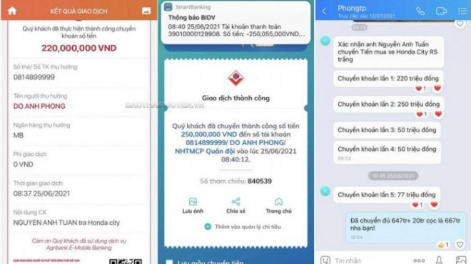Phiếu báo giao dịch ngân hàng giữa đối tượng Đỗ Anh Phong và khách hàng. Ảnh BTN.