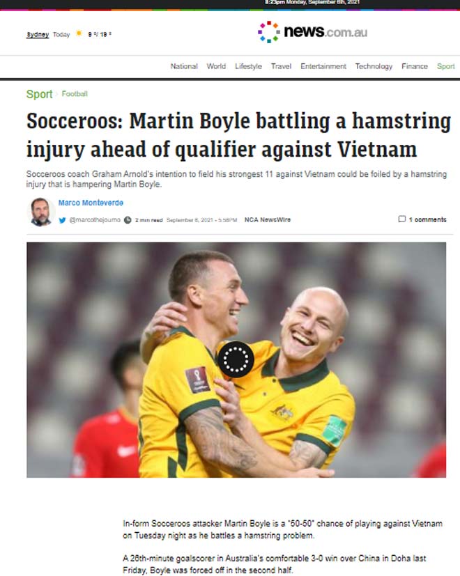 Báo Úc News tiết lộ tình trạng chấn thương đáng lo của cầu thủ chạy cánh phải Martin Boyle (ĐT Australia) trước trận gặp ĐT Việt Nam