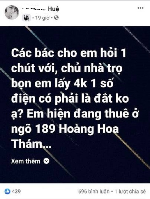 Bức xúc vì tiền điện giá cao, chị Huệ lên mạng xã hội hỏi thì được biết hầu hết những người đi thuê trọ đều phải chịu mức giá điện như mình. (Ảnh chụp màn hình).