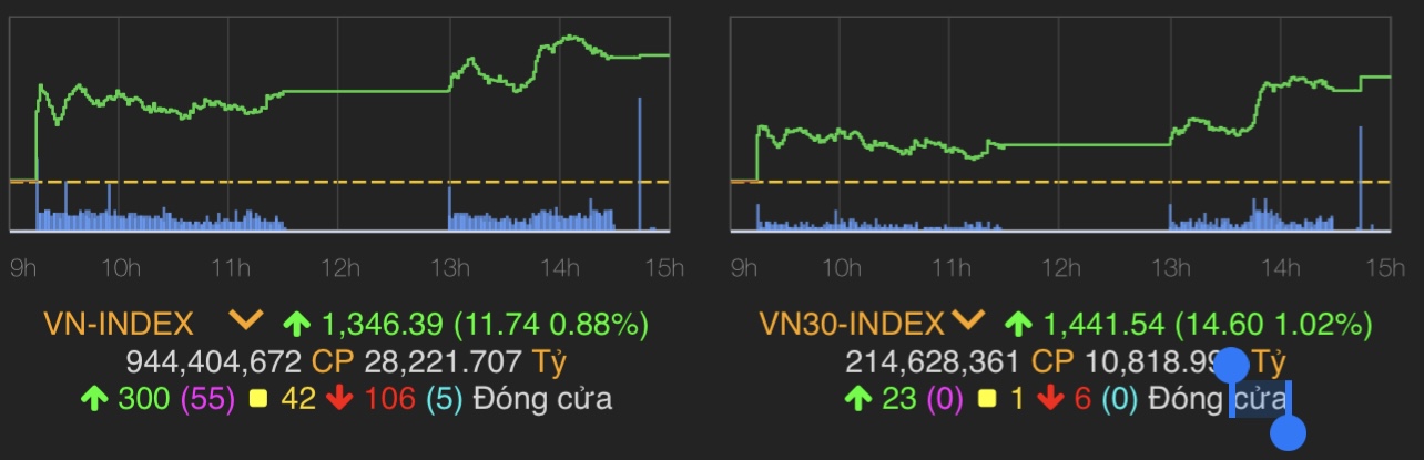 VN-Index tăng 11,74 điểm (0,88%) lên 1.346,39 điểm.