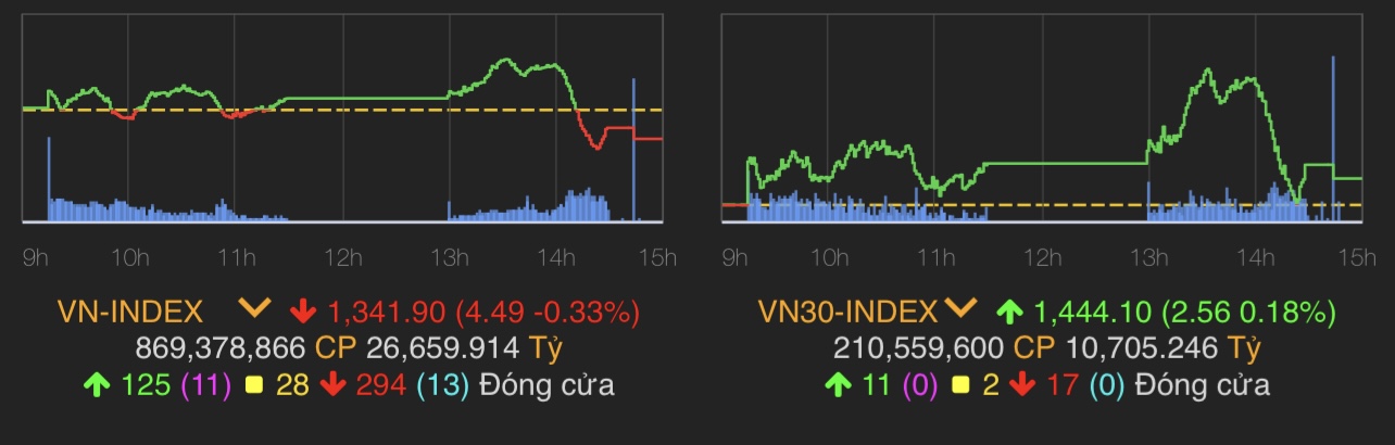 VN-Index giảm 4,49 điểm (0,33%) còn 1.341,9 điểm.