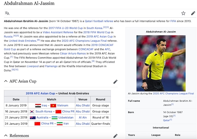 Thông tin về trọng tài chính Abdulrahman Ibrahim Al-Jassim trên bách khoa toàn thư Wikipedia.