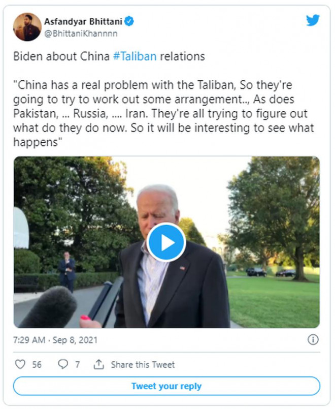 Tổng thống Mỹ Joe Biden nhận định Trung Quốc sẽ “có nhiều vấn đề” để đối phó với Taliban sau khi nước này rút hoàn toàn khỏi Afghanistan. Ảnh: TWITTER