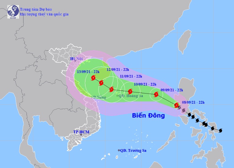 Vị trí và hướng di chuyển tiếp theo của bão số 5 Côn Sơn. Ảnh: Trung tâm Dự báo KTTVQG.