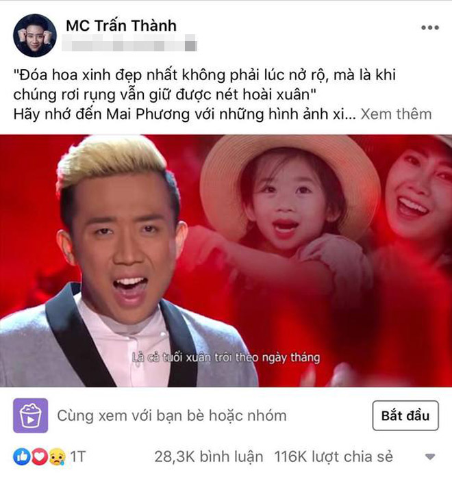 Bài đăng của Trấn Thành về cố nghệ sĩ Mai Phương cũng từng nhận được hơn 1 triệu lượt tương tác