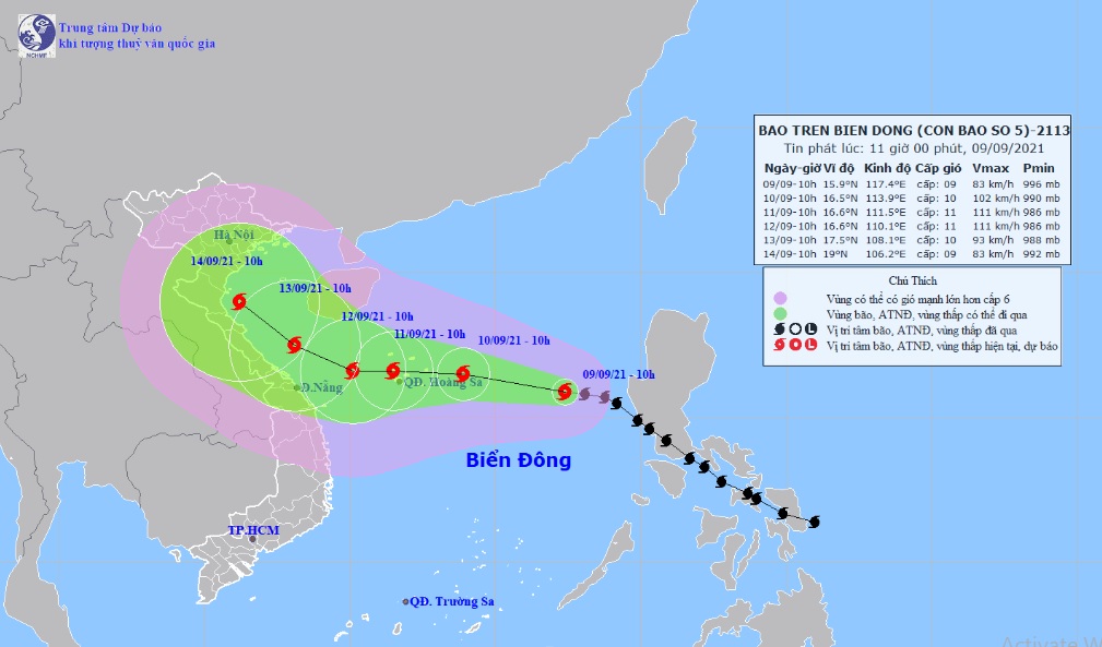 Vị trí và hướng di chuyển tiếp theo của bão số 5 Côn Sơn. Ảnh: Trung tâm Dự báo KTTVQG