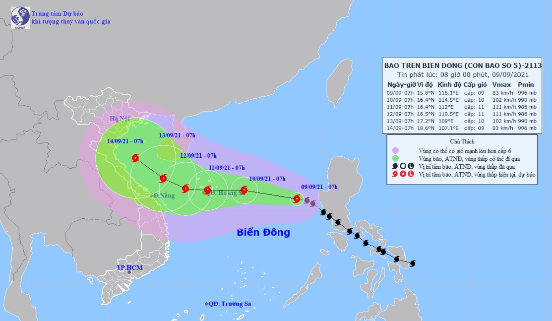 Vị trí và hướng di chuyển tiếp theo của bão số 5 Côn Sơn. Ảnh: Trung tâm Dự báo KTTVQG.