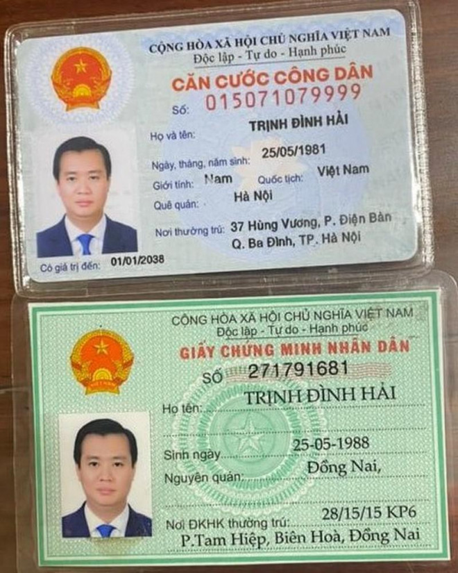 Thẻ căn cước sai địa chỉ và chứng mình nhân dân của Hải. Ảnh: VH