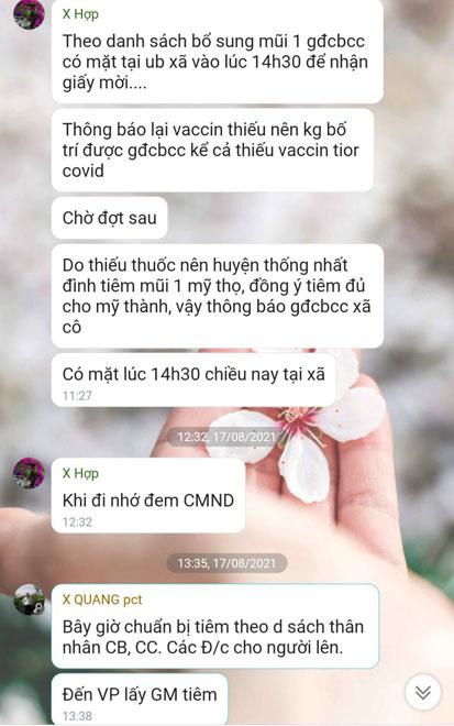 Đoạn tin nhắn của Chủ tịch UBND xã Mỹ Thành Đặng Xuân Hợp thông báo cho cán bộ xã này đưa người thân trong gia đình đến tiêm vắc xin Covid-19