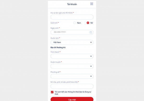 Ở bước tiếp theo, điền đầy đủ thông cá nhân bao gồm: Tên tuổi, giới tính, ngày sinh, địa chỉ thường trú. Lưu ý: Phải nhập thông tin chính xác của mình.