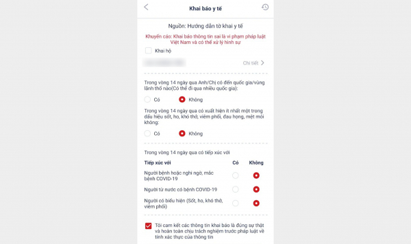 Phần khai báo y tế trên ứng dụng.