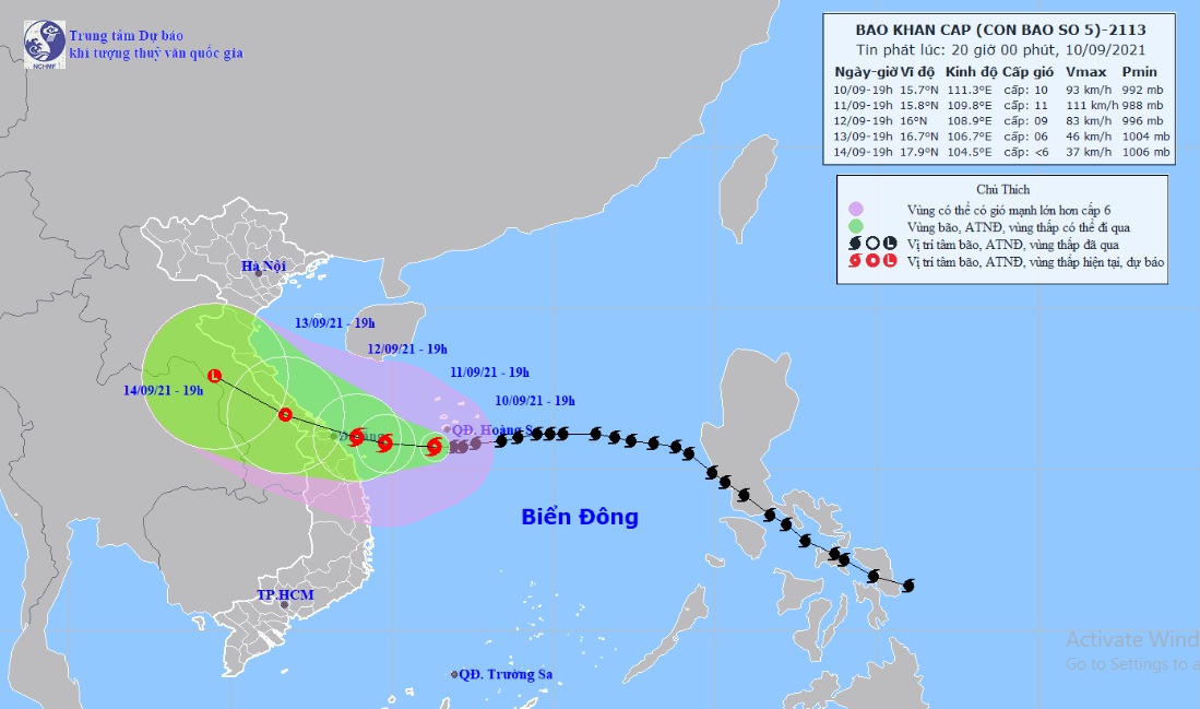 Vị trí và hướng di chuyển tiếp theo của bão số 5 Côn Sơn. Ảnh: Trung tâm Dự báo KTTVQG.