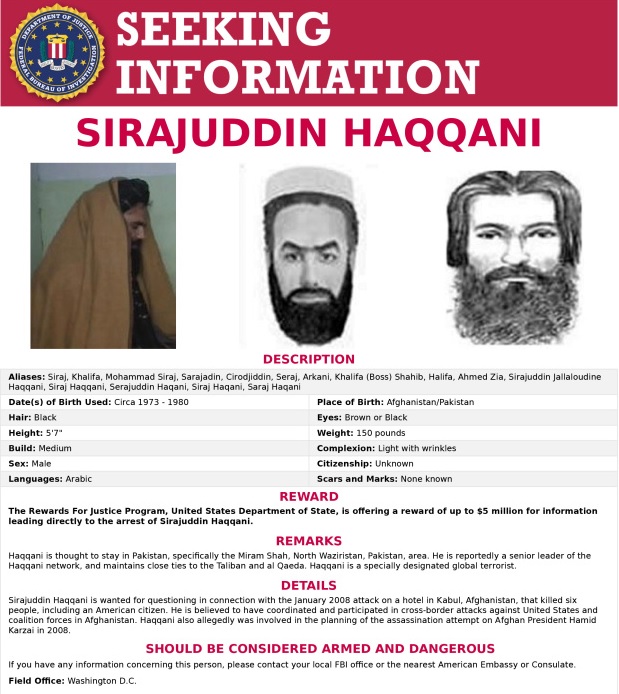 Sirajuddin Haqqani bị FBI truy nã từ năm 2008.
