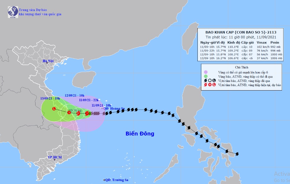 Vị trí và hướng di chuyển tiếp theo của bão số 5 Côn Sơn. Ảnh: Trung tâm Dự báo KTTVQG.