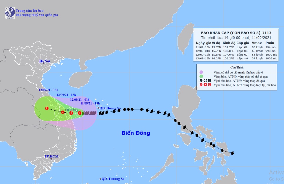 Vị trí và hướng di chuyển tiếp theo của bão số 5 Côn Sơn. Ảnh: Trung tâm Dự báo KTTVQG.