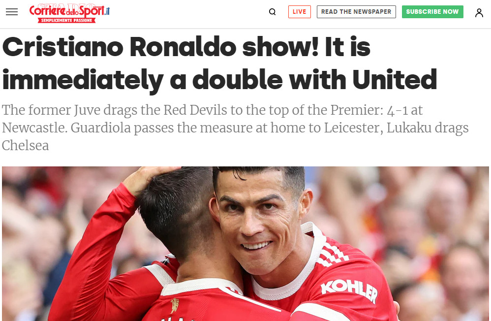 Corriere dello Sport: "Show diễn của Cristiano Ronaldo! Cú đúp ngay lập tức cùng United"