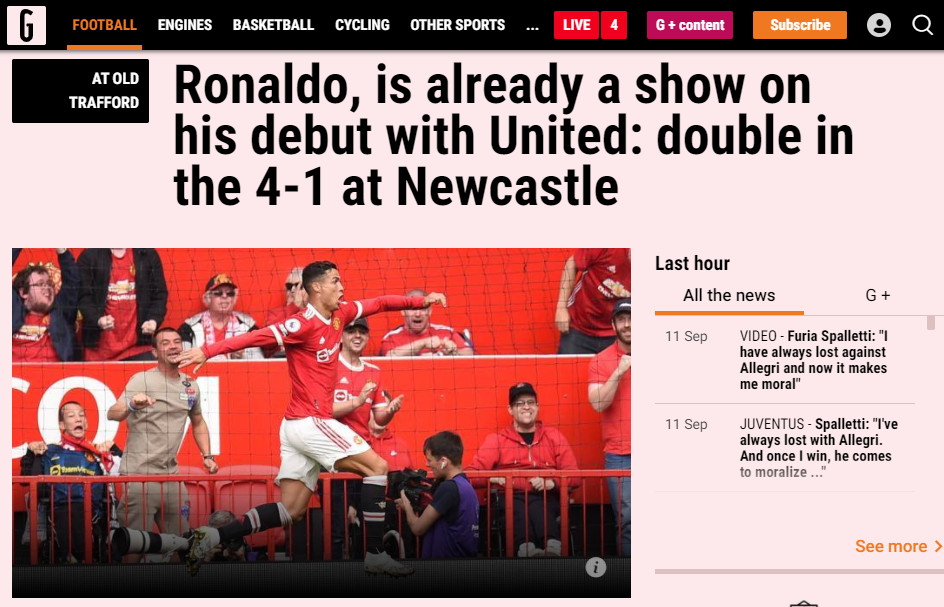 Gazzetta dello Sport: "Ronaldo đã có một show diễn trong ngày ra mắt United: cú đúp trong chiến thắng 4-1 trước Newcastle".