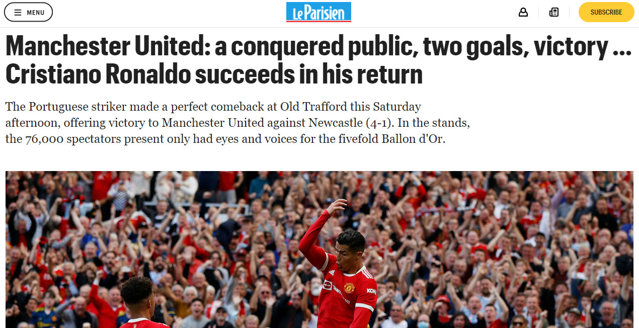 Le Parisien: "Manchester United: ngày ra mắt thuyết phục, 2 bàn, 1 chiến thắng... Cristiano Ronaldo&nbsp;trở lại thành công".