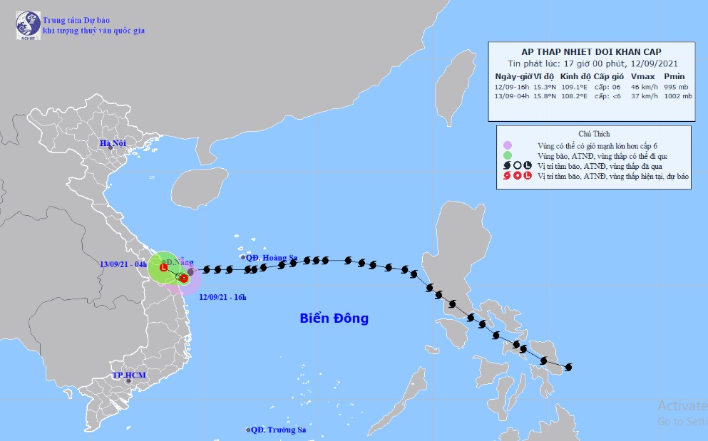 Vị trí và hướng di chuyển tiếp theo của áp thấp nhiệt đới suy yếu từ bão số 5 Côn Sơn. Ảnh: Trung tâm Dự báo KTTVQG.