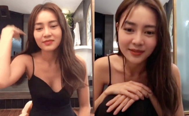 Ninh Dương lan Ngọc mặc thiết kế váy hai dây trong một livestream trò chuyện với người hâm mộ.

