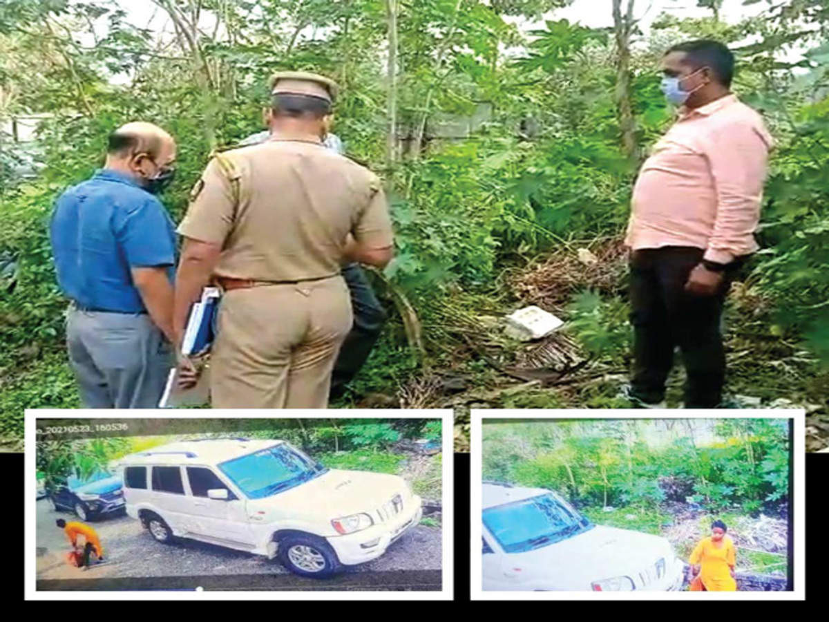 Camera an ninh đã ghi lại cảnh Puja đang kéo bao tải chứa thi thể mẹ chồng đi phi tang (ảnh nhỏ).