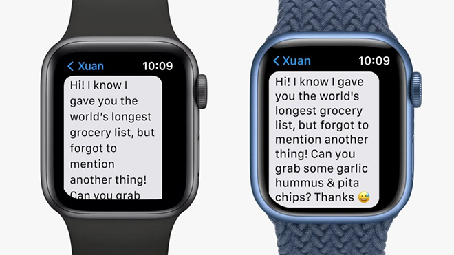 Apple Watch Series 7 (phải) có màn hình lớn hơn&nbsp;Apple Watch Series 6 (trái).