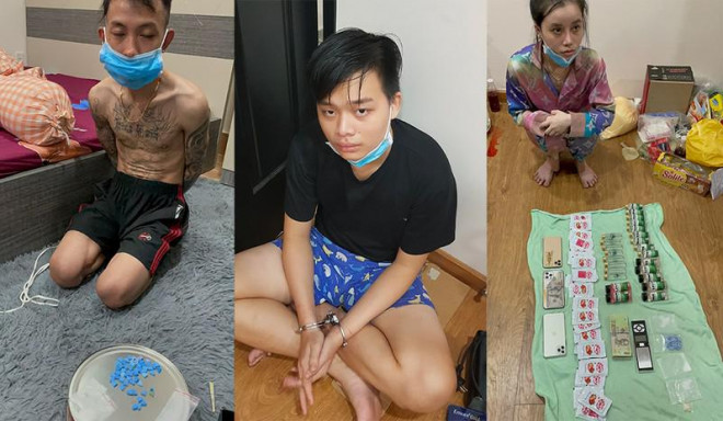Bình, Nhựt và Châu (từ trái qua) bị bắt quả tang cùng tang vật lớn. Ảnh KM