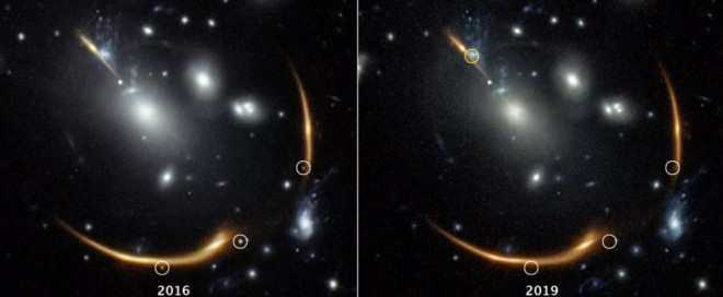 Các hình ảnh khác nhau về siêu tân tinh Requiem được NASA chụp lại (đánh dấu tròn) - Ảnh: HUBBLE/NASA