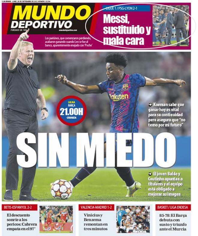 Tờ Mundo Deportivo khá hả hê với khuôn mặt khó coi của Messi khi không được đá hết trận