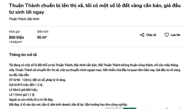 Lô đất thổ cư 96m2 có sổ đỏ, pháp lý rõ ràng ở Thuận Thành (Bắc Ninh) đang được rao bán với giá 860 triệu đồng/m2 (tương đương 9 triệu đồng/m2) trong khi cách đây 2 tháng giá đất khu vực này có giá rao bán gần gấp đôi.