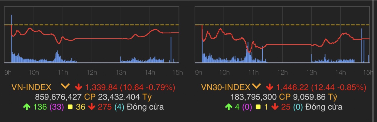VN-Index giảm 10,64 điểm (0,79%) còn 1.339,84 điểm