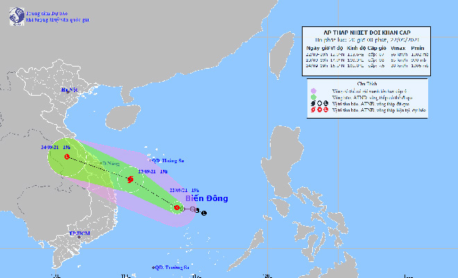 Vị trí và hướng di chuyển tiếp theo của áp thấp nhiệt đới. Ảnh: Trung tâm Dự báo KTTVQG.