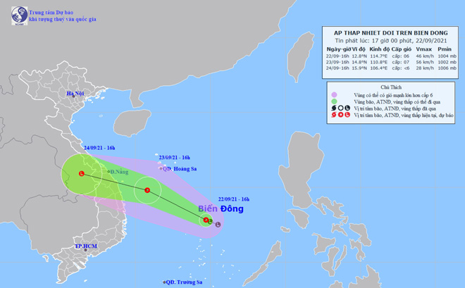 Vị trí và hướng di chuyển tiếp theo của&nbsp;áp thấp nhiệt đới. Ảnh: Trung tâm Dự báo KTTVQG.