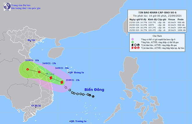 Vị trí và hướng di chuyển tiếp theo của bão số 6. Ảnh: Trung tâm Dự báo KTTVQG.