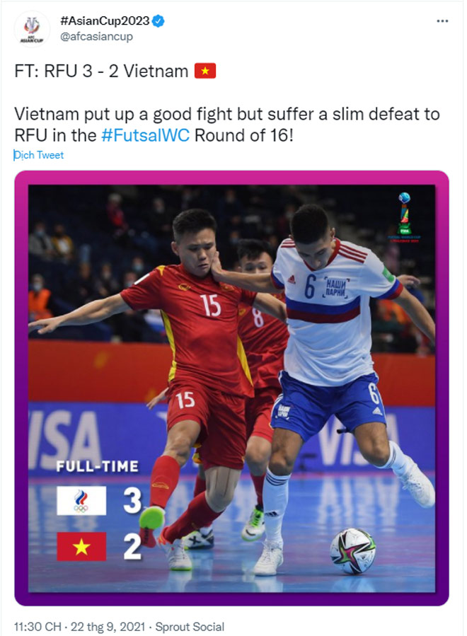 Tài khoản Twitter của giải Asian Cup 2023 khen tinh thần chiến đấu tốt của ĐT Việt Nam