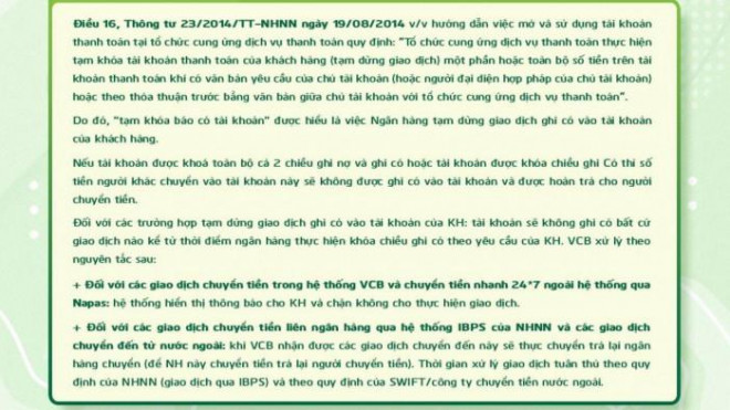 Vietcombank lý giải trạng thái "tạm khoá báo Có tài khoản"