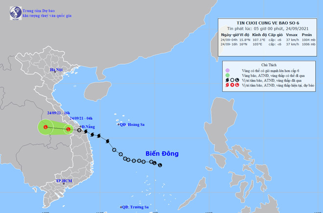 Vị trí và hướng di chuyển tiếp theo của vùng áp thấp suy yếu từ bão số 6. Ảnh: Trung tâm Dự báo KTTVQG.