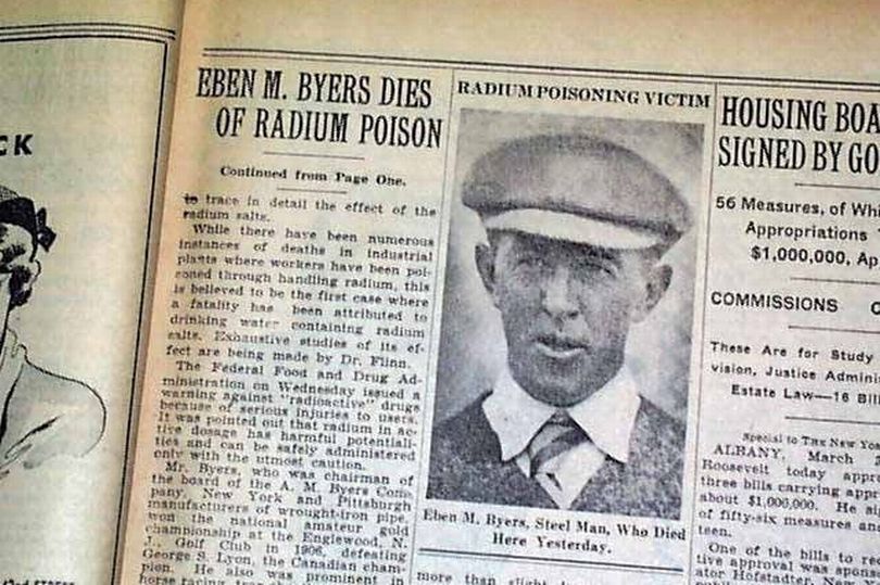Một tờ báo Mỹ từng đưa tin về cái chết của Eben Byers, do ngộ độc radium.