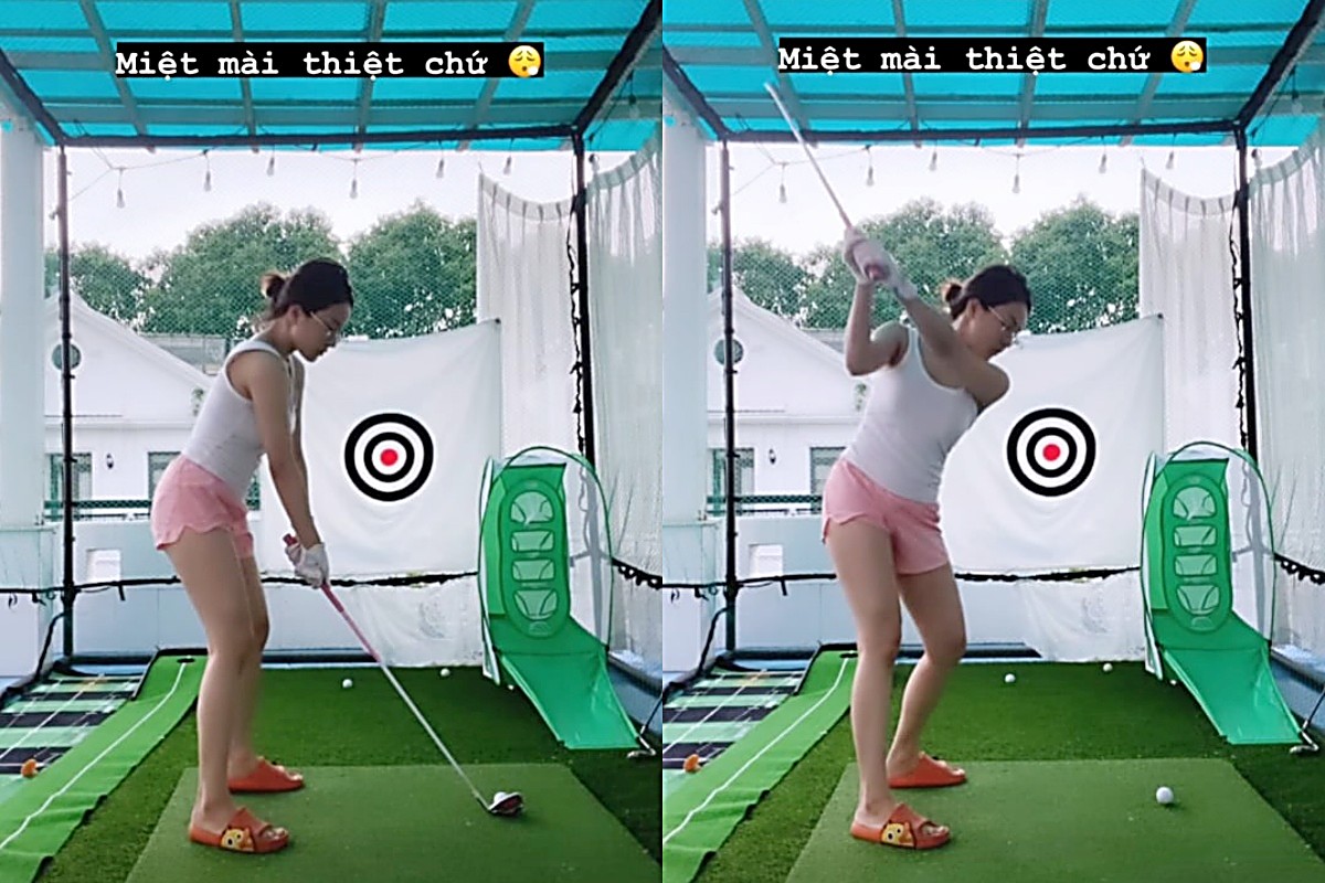 Trâm Anh lựa chọn trang phục thoải mái khi chơi golf tại gia.