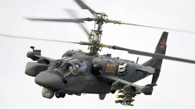 Trực thăng tấn công hải quân "cá sấu" Ka-52K của Nga. Ảnh: TWITTER